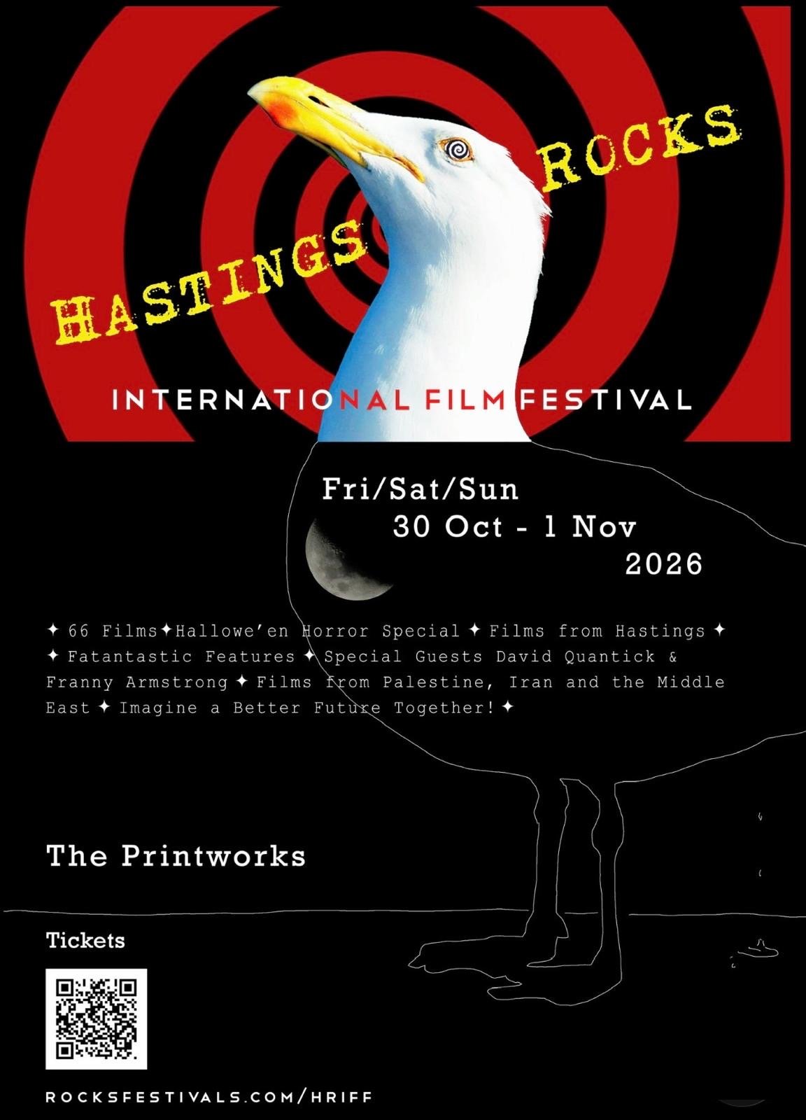 Hastings Rocks International Film Festival poster: a seagull against red and black spirals, 30 Oct – 1 Nov 2026 at The Printworks