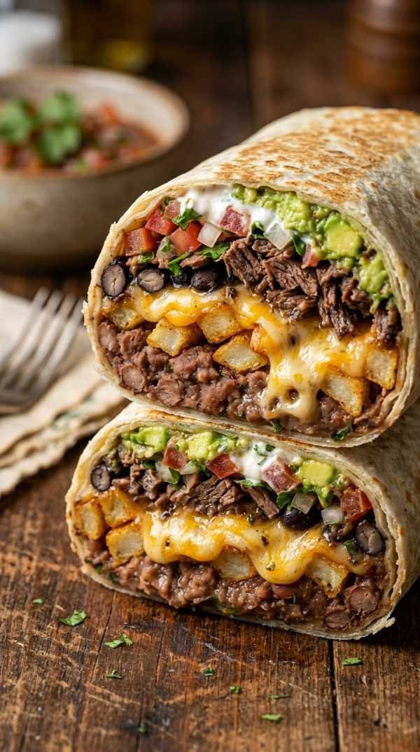 A burrito packed with slow-cooked beef, black beans, melted cheese and guacamole, cut in half on a rustic wooden table