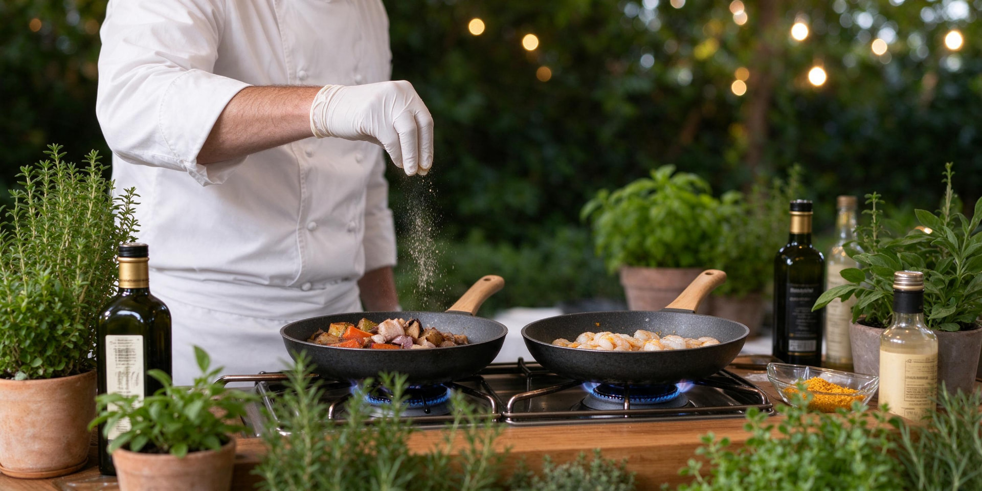 A chef cooking fresh ingredients in pans outdoors at a festive market night
