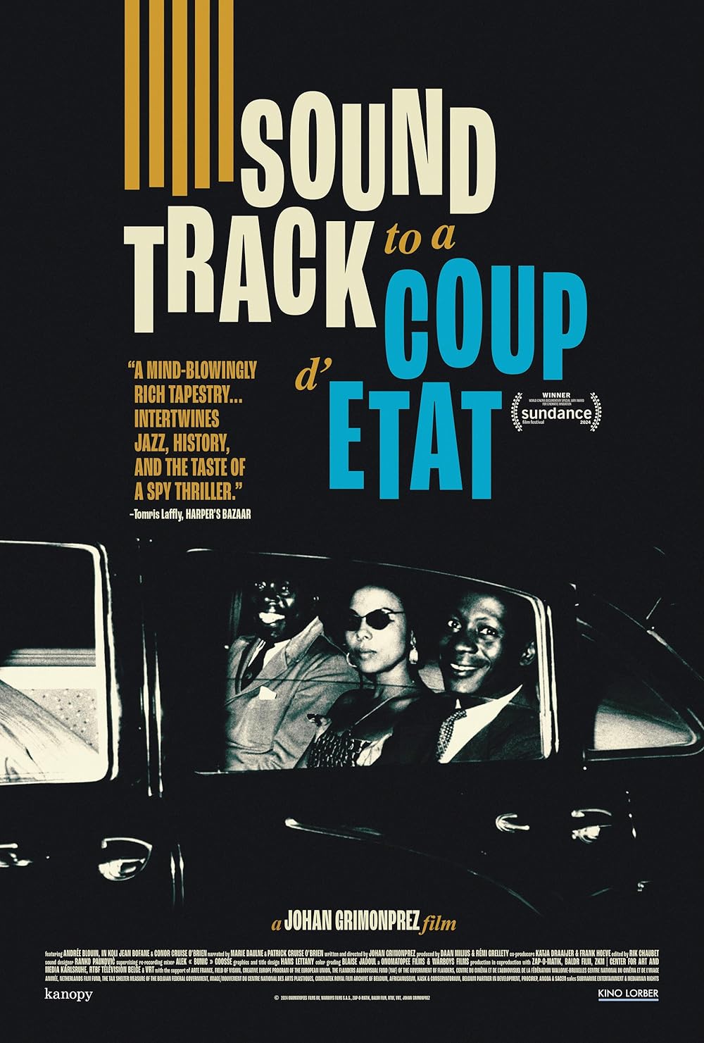 Soundtrack to a Coup d'Etat film poster — Louis Armstrong, Mahalia Jackson and a diplomat in a car at night